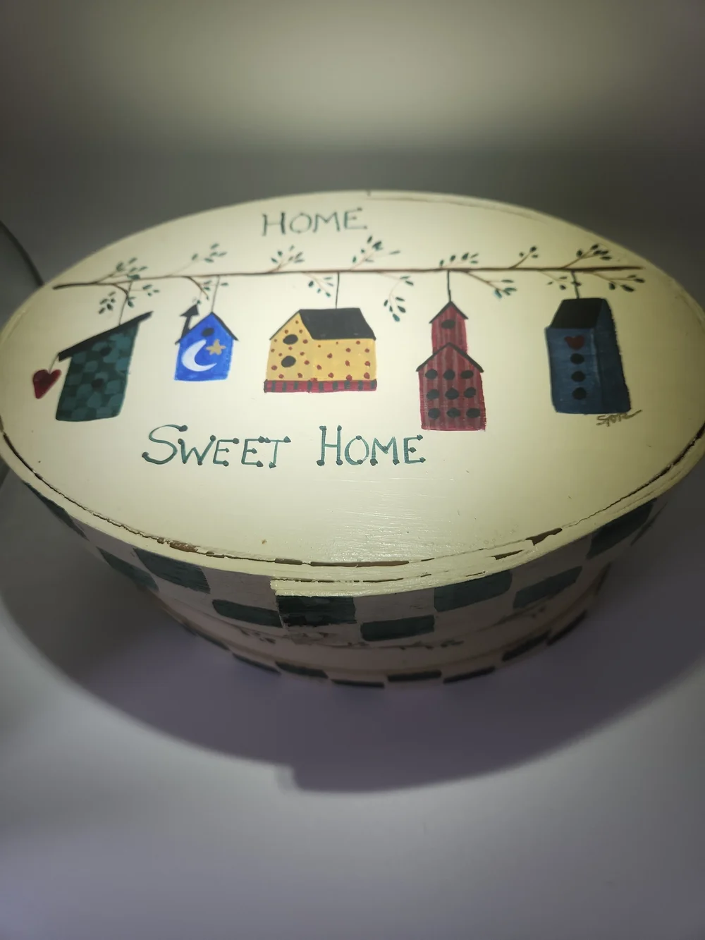Sweet Home Hand-Painted Oval Trinket Box - Cream with Multicolor Houses9x5